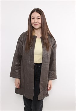 90s brown leather overcoat, vintage woman hunter fall trench