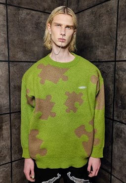 Puzzle sweater knitted game jumper preppy top in green