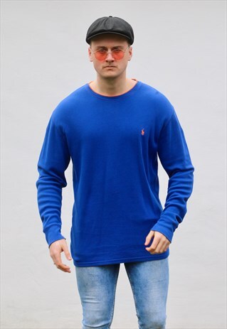 RALPH LAUREN USA ZAFFRE BLUE RIBBED MINIMALIST SWEATSHIRT