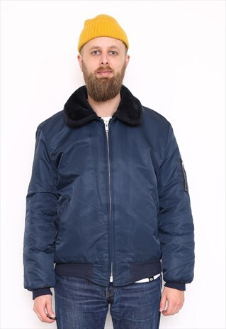 VINTAGE OVERSIZED SHEARLING BLUE BOMBER FLIGHT JACKET