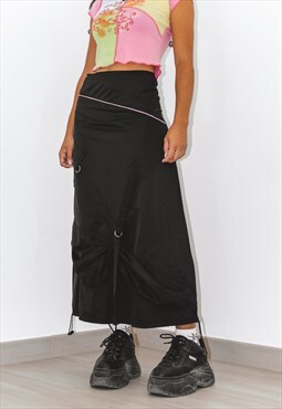 Vintage Y2k Black and Pink Maxi Skirt With Drawstrings