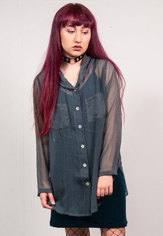 VINTAGE 90'S DARK GREY SHEER OVERSIZED HOODED BLOUSE SHIRT
