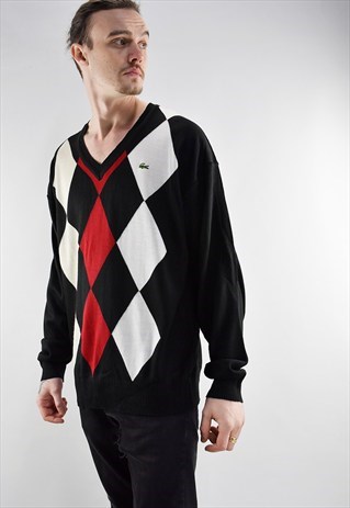 VINTAGE 90S LACOSTE DIAMOND PATTERN V NECK JUMPER