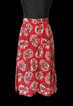 80's Red Cream Vintage Abstract Print Button Ladies Skirt