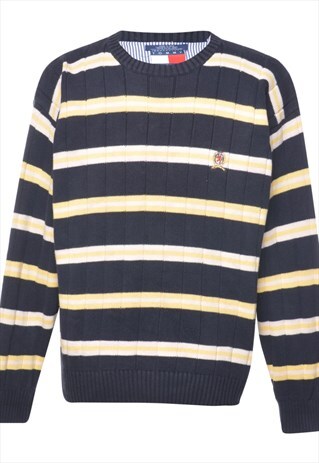 VINTAGE TOMMY HILFIGER STRIPED 1990S YELLOW & NAVY JUMPER - 