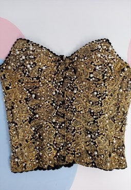 Beaded Corset Black Gold Toned Strapless Top