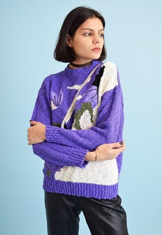 80'S RETRO OVERSIZED ABSTRACT PRINT EMBROIDERY KNIT JUMPER