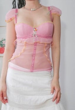 vintage fairycore dreamy pink mesh corset top