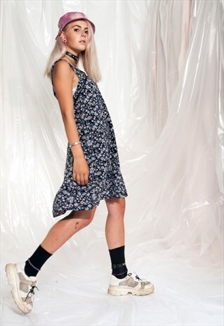 VINTAGE FLORAL DRESS 90S GRUNGE BLUE FLOWER PRINT DRESS