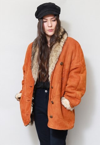 VINTAGE 1970'S ORANGE EMBROIDERED SHEARLING AVIATOR COAT
