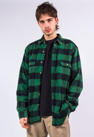 VINTAGE FLANNEL SHIRT GREEN AND BLACK BUFFALO CHECK