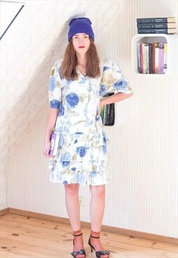 White pastel floral short sleeve dress with frills