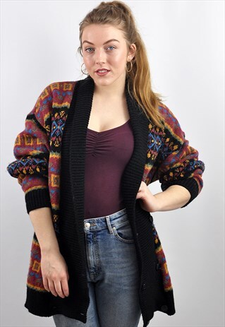 VINTAGE CHUNKY GRANNY KNIT PATTERNED WOOL CARDIGAN