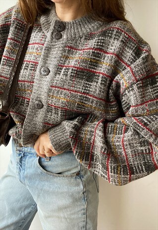 VINTAGE 80S TARTAN KNIT OVERSIZED UNISEX CARDIGAN JUMPER