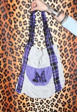 Handmade Grey Lace Print Purple Tartan Shoulder Pocket Bag 
