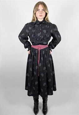 70's Black Vintage Long Sleeve Paisley Ruffle Midi Dress