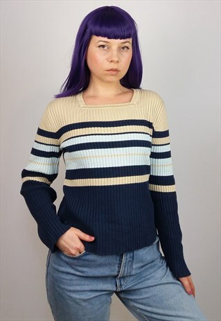 VINTAGE 90'S RIBBED KNIT SQUARE NECK STRIPED JUMPER/ SWEATER