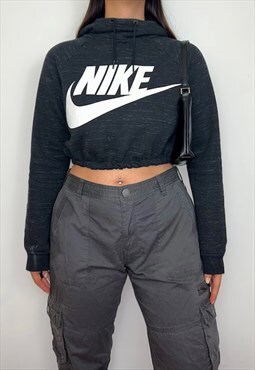 Reworked Nike Black Spell Out Cropped Hoodie 