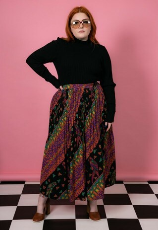 VINTAGE MULTI COLOURED CRAZY GEOMETRIC PATTERN PLEATED MAXI