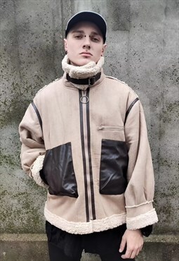 Roll neck fleece biker jacket fake fur y2k bomber in brown