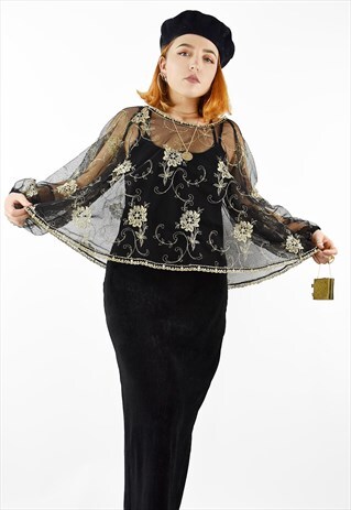 BEAUTIFUL CHIFFON BELL SLEEVE EMBROIDERED FLORAL EVENING TOP