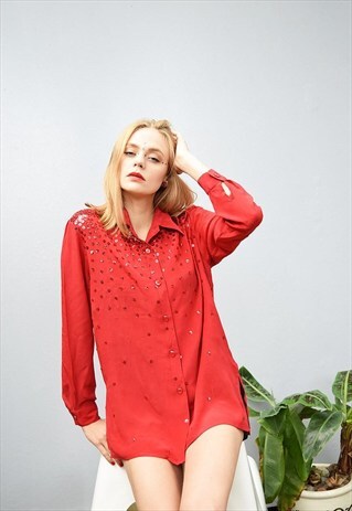 80'S BOHO DISCO BEADED SHIMMER OVERSIZED SHIRT TOP BLOUSE
