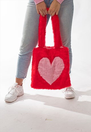 'ONE LOVE' RED FAUX FUR TOTE BAG