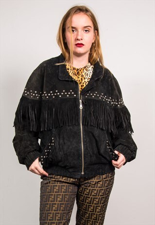 VINTAGE 80'S BLACK SUEDE TASSEL & STUDDED JACKET