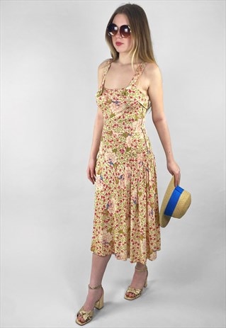 70's Vintage Slip Cream Ditzy Floral Midi Dress