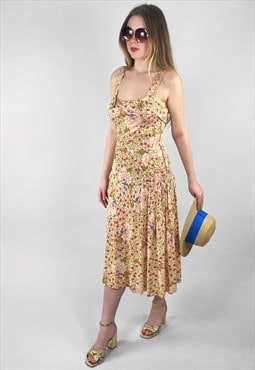 70's Vintage Slip Cream Ditzy Floral Midi Summer Dress