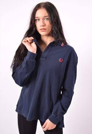 VINTAGE FRED PERRY POLO SHIRT LONG SLEEVE NAVY BLUE