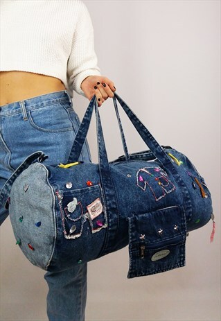 VINTAGE 90'S ACID-WASH DENIM EMBELLISHED DUFFEL BAG