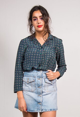 90'S VINTAGE GREEN CRAZY ABSTRACT PATTERN SHIRT BLOUSE