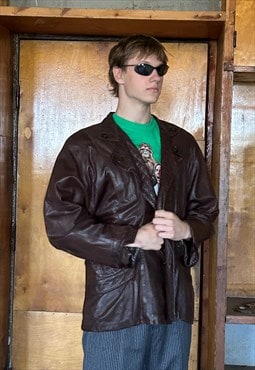 Vintage y2k real leather baggy short jacket in dark brown 