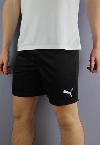 VINTAGE PUMA SHORTS IN BLACK WITH PRINT LOGO AND MISSING DRA