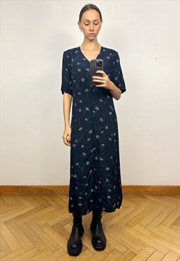 Vintage Navy Blue Floral Short Sleeve Midi Dress