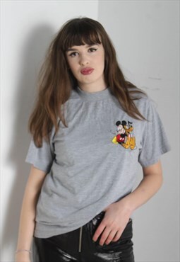 Vintage Disney Mickey Mouse Embroidered Logo T-Shirt Grey 