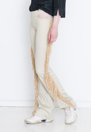 VINTAGE CREAM WIDE LEG COWBOY TASSEL RETRO LEGGINGS