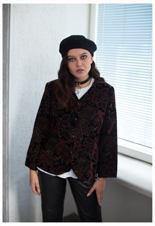 VINTAGE 80'S BLACK FLOWER PATTERNED JACKET