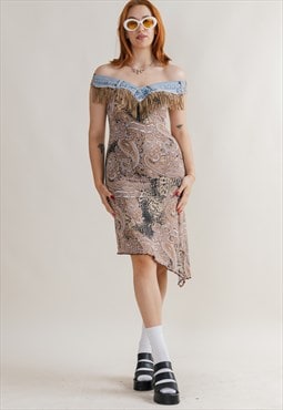 Vintage Y2k Western Fringe Body Con Paysley&Animal Dress M