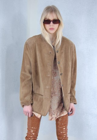 Vintage Y2K Light Brown Real Leather Baggy Coat Jacket 
