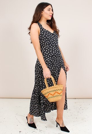 VINTAGE 90S FLORAL PRINT MIDI DRESS WITH RING DETAIL