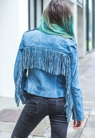 BLUE SUEDE FRINGE BIKER JACKET