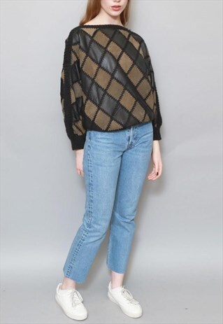 VINTAGE 1990'S BLACK AND KHAKI LEATHER/SUEDE CROCHET JUMPER