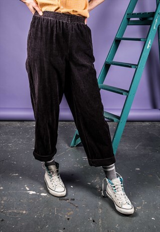 VINTAGE 1990S HIGH-WAISTED TROUSERS DARK GREY CORDUROY