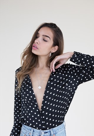 LOLANI COLLARLESS SHIRT BLOUSE - BLACK SPOT PRINT