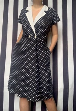 Vintage 80s black white midi shirt dress, polka dots, uk18