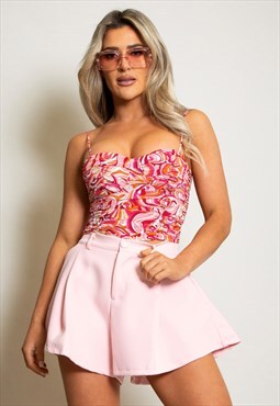 Pink Abstract Marble Print Spaghetti Straps Corset Crop Top