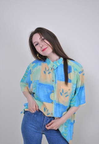 80S WATERCOLOR BLUE BLOUSE, FLORAL ABSTRACT WOMEN SHIRT