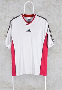 Vintage 90s Adidas T Shirt White Red Embroidered Centre Logo